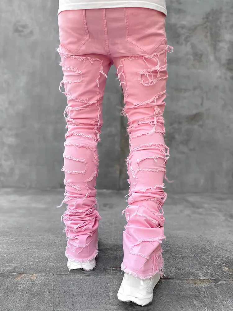 Mens streetwear ripped jeans fashionable cool stretch pink stacked edge denim pants mens Y2K punk patch work hip-hop pants CL240921