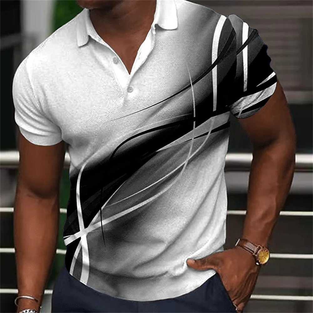 Fashion MenS Polo Shirt Gradient Line Summer Short Sleeve TShirts Casual Daily Lapel Tops Tees Striped T Shirt For Man ClothingX240920