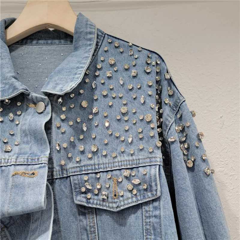 Women Diamonds Beaded Denim Jacket Retro Washed Crystal Jeans Coat Long Sleeved Rhinestones Cowboy Cardigan Single Breasted TopsX240920
