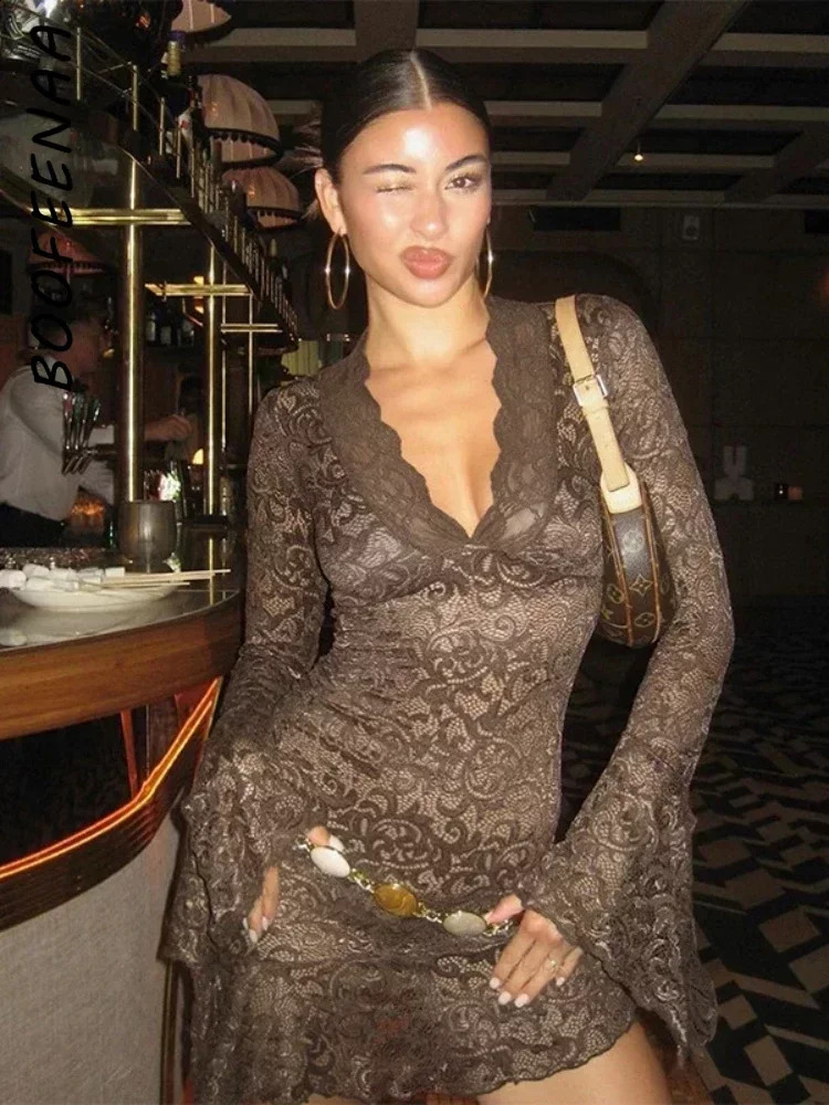 Lace See Through Dress For Women - Sexy Y2k Flare Long Sleeve Deep V Ruffle Short Dresses, Black