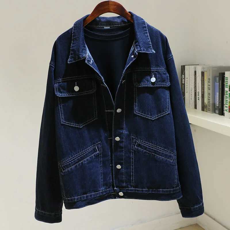 Vintage Dark Blue Loose Short Denim Jacket Women Big Pocket Long Sleeve Cowboy Outerwear Spring Harajuku Jeans Jackets FemaleX240920