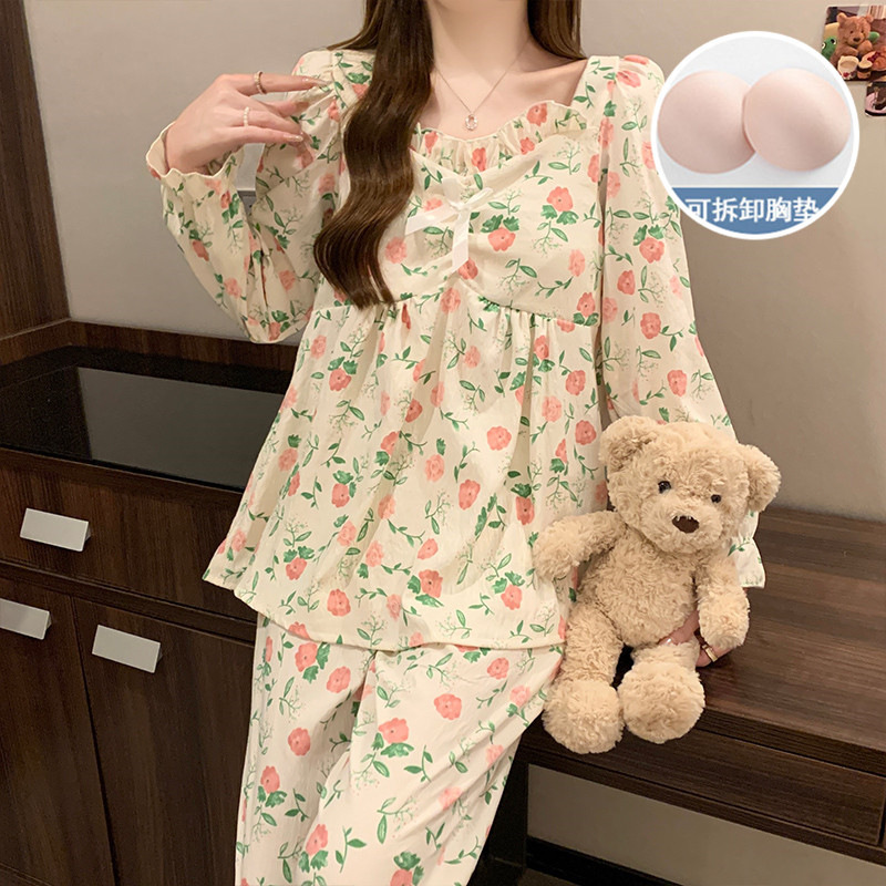 Women's with chest cushion autumn and winter new home clothes cloud cotton outer wear simple casual women's sleepwear