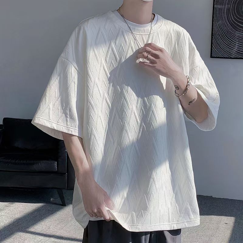 Advanced Jacquard T-shirt men's fashion brand summer plus size heavy short sleeve American high street five and a half sleeves.