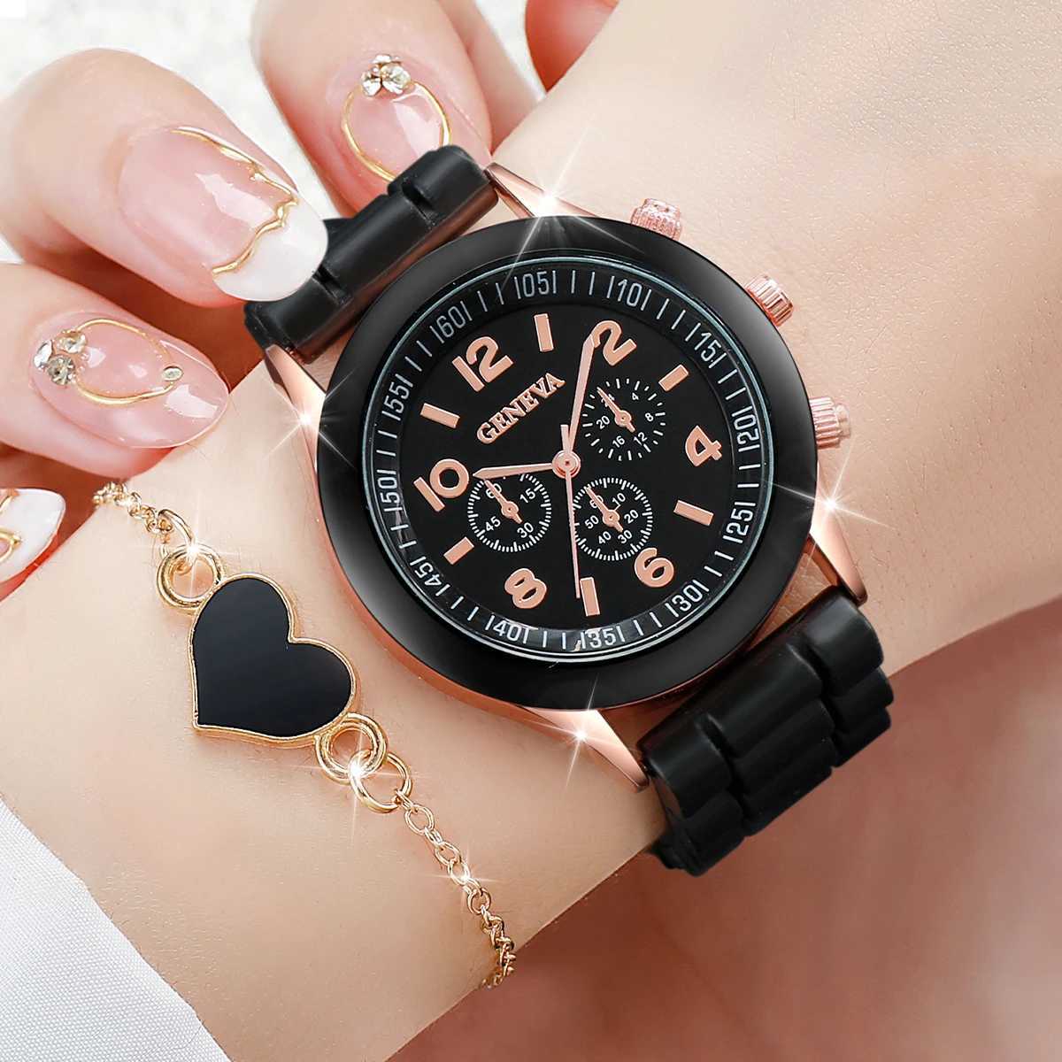 2pcs/set Women Fashion Silicone Band Quartz Watch with Heart-shaped BraceletX240920