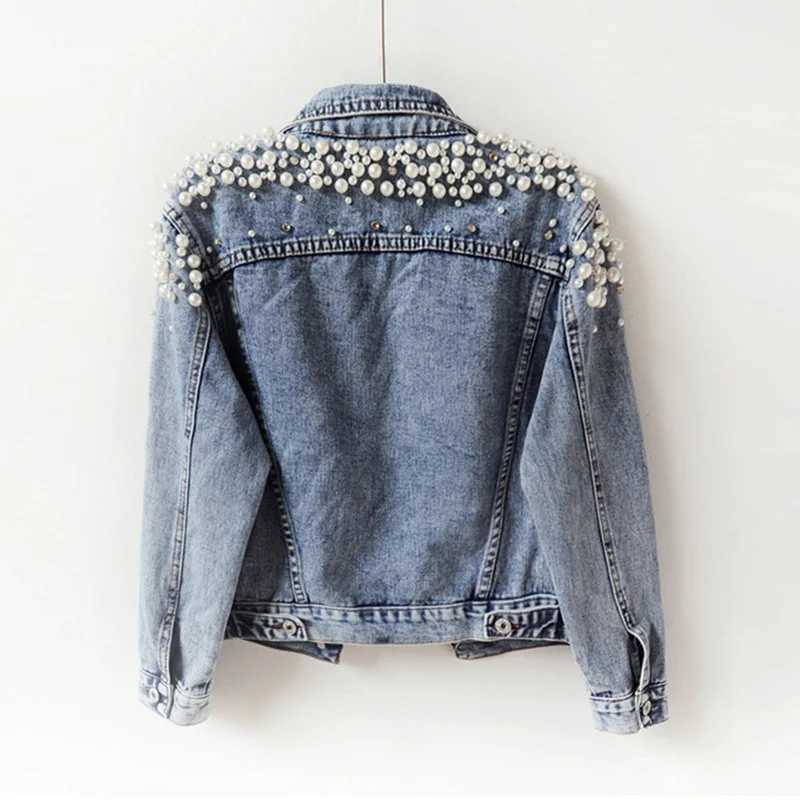 Womens Denim Jacket 2023 Spring Autumn Jeans Jacket Pearl Basic Coat Female Jeans Coats Long Sleeve Top Blue OuterwearX240920