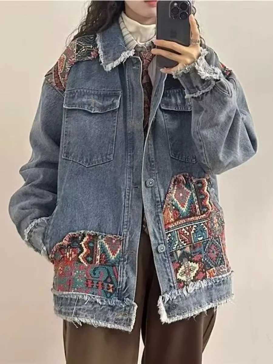 Vintage Boho Embroidery Denim Jacket Spring Autumn 2024 Long Sleeve Casual Loose Trend Folk-custom Stitching Raw Edge Jeans CoatX240920