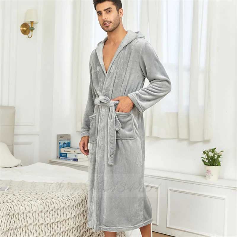 Winter Thicken Flannel Mens Long Robe Hooded Kimono Bathrobe Gown Warm Coral Fleece Sleepwear Lounge Wear Loose Home Clothes Y240919