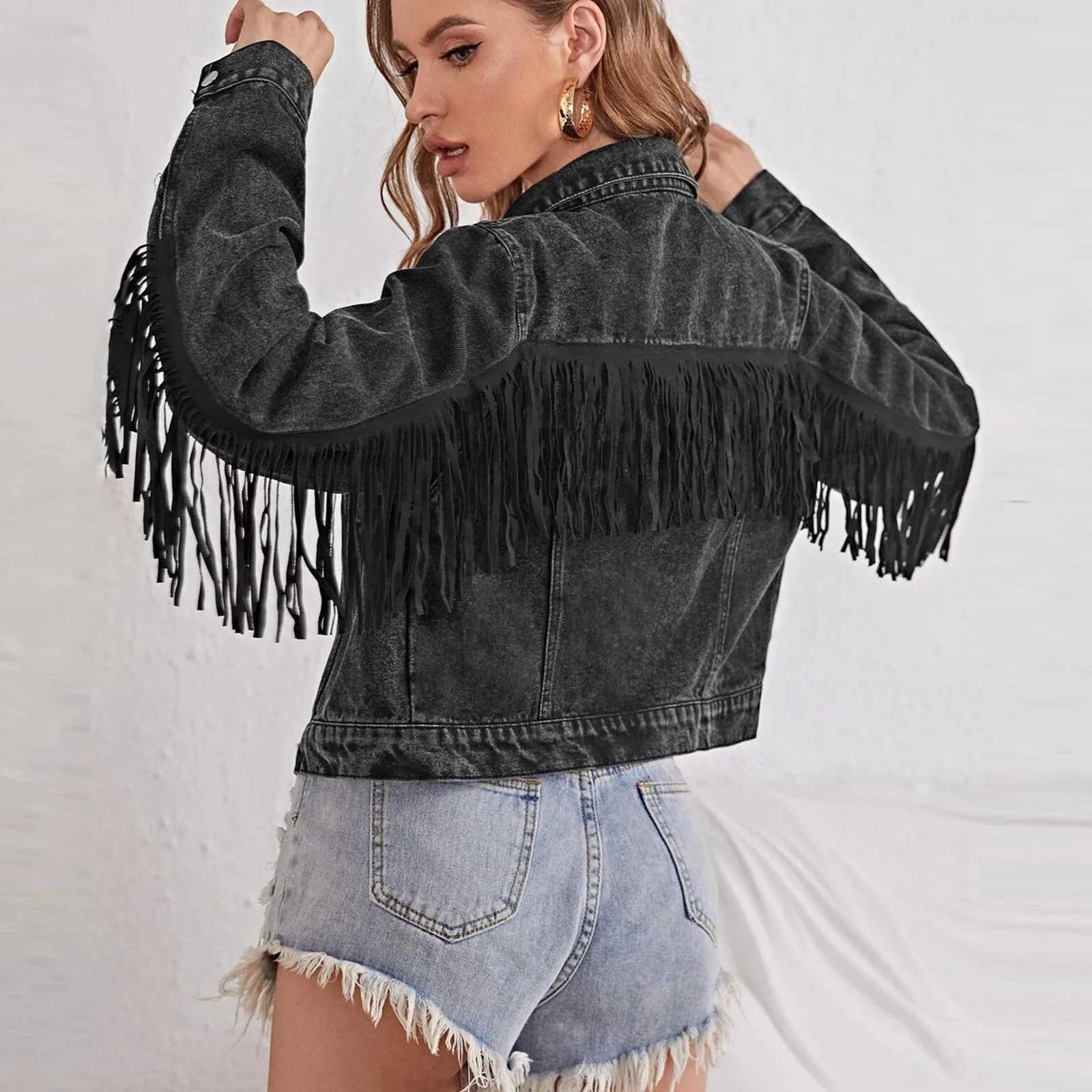 WomenS Crop Denim Jacket Long Sleeve Button Tassel Loose Jacket Coats With Fringe Ladies Outwear Commuting CardiganX240920