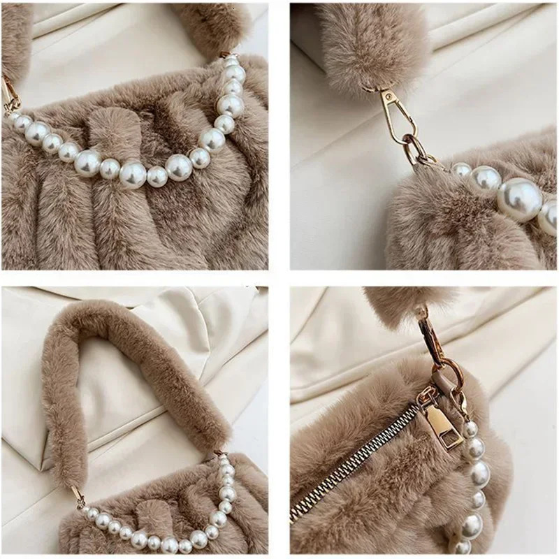 2025NEW Winter High Quality Plush Bags Fashion Versatile Zipper Shoulder Natural Pearl fashion trend Chain Underarm Bag Women Handbags fashion Beige B