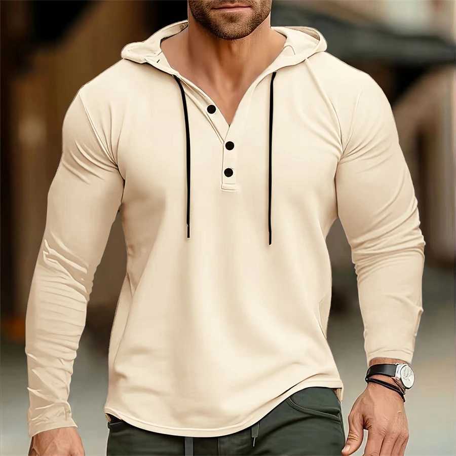 Mens hooded T-shirt Gym Clothing Fitness Long sleeve hoodies Cotton Singlets Men Joggers T-shirt Bodybuilding casual ClothingX240919