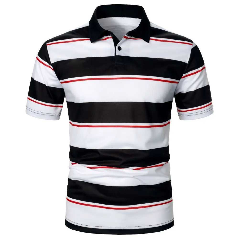 Men Short Sleeve Polo Shirt Contrast Stripe Blue And White Striped Men Top Trending Casual Street Men Lapel Polo ShirtX240920
