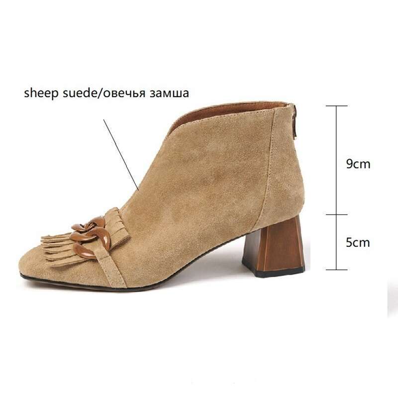 New Autumn/Winter Women Sheep Suade Toe Square Heel Mid-Heel Ankle Boots Fringed Zipper Fashion Office Lady Shoes 4
