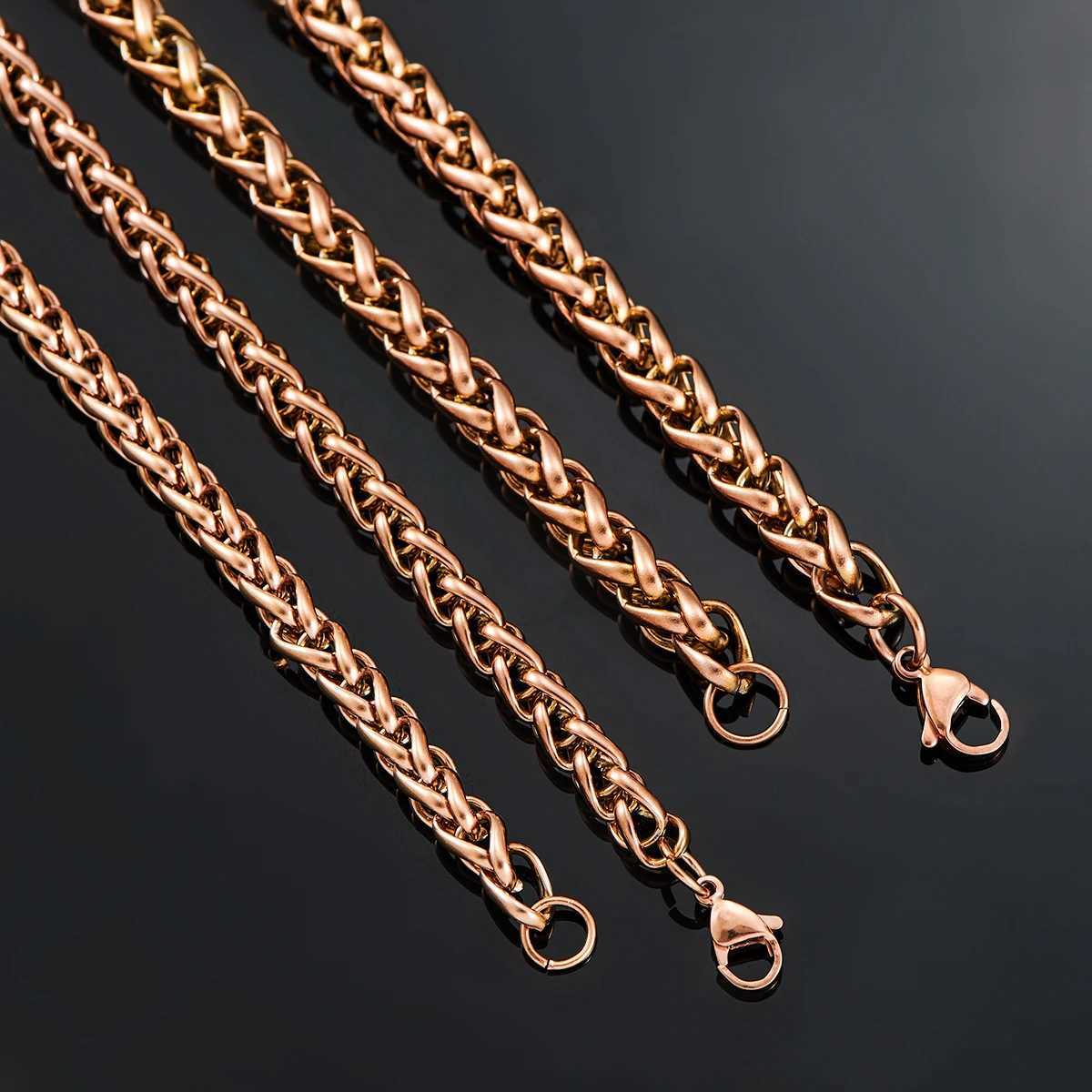 3mm/4mm/5mm/6mm/7mm Rose Gold Color Stainless Steel Wheat Braided Necklace Link Classic Curb Chain for Men Women JewelryX240919