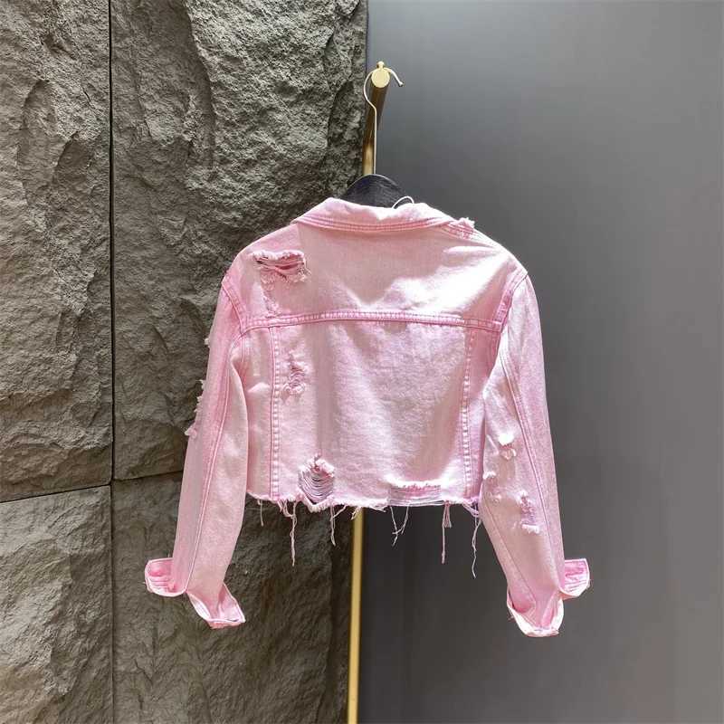 Autumn Pink Short Denim Jacket Women Spring New Slim Holes Single-Breasted Jean Coats Long Sleeve Frayed Outwear Femme DenimwearX240920