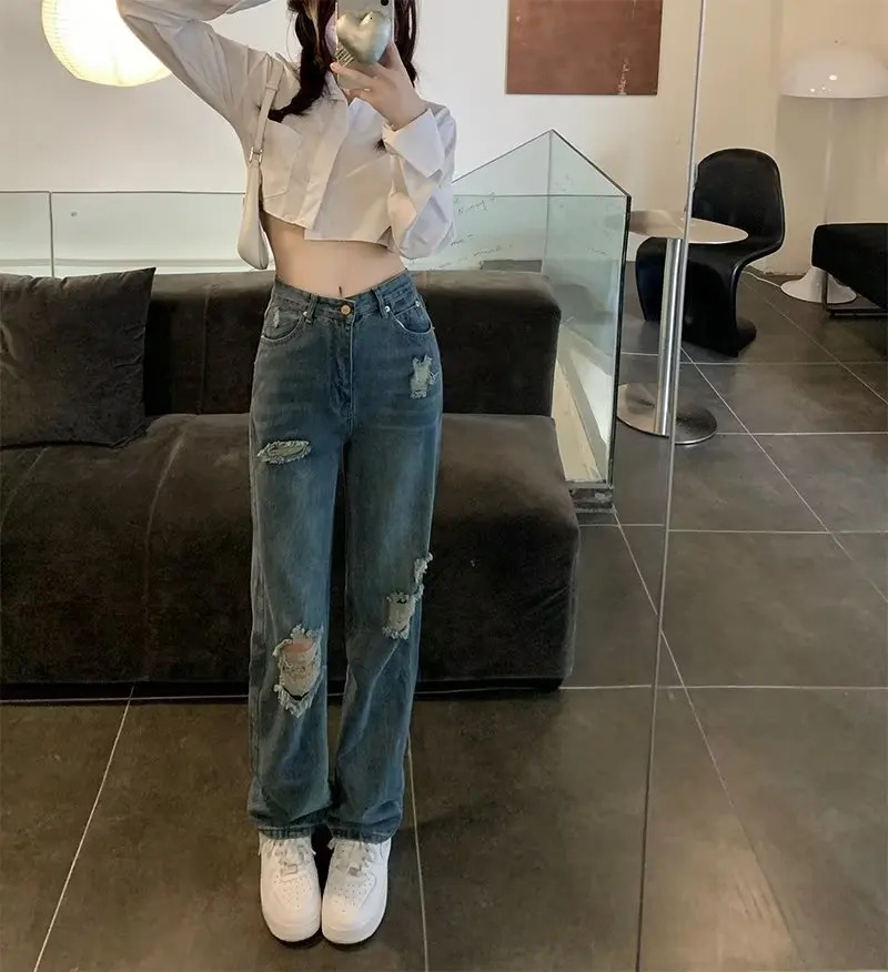 2026 High waisted Straight leg Ripped Jeans Women s Autumn New Loose fit Draped Wide leg Dragging Pants Wholesale