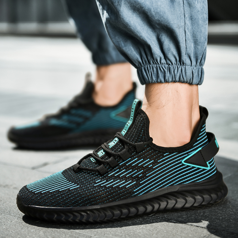 Black Trail Running Shoes for Men Size 48 Sneakers Male New Breathable Stretch Fabric Soft Comfortable Sport Shoes Lightweight