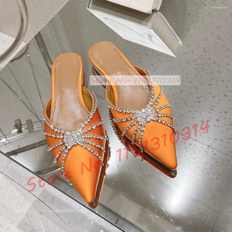 Slippers Crystal Wrap Pointy Toe Satin Women Luxury Sparkly Block Low Heel Shoes Ladies Trending Glittery Dress Flat Slides