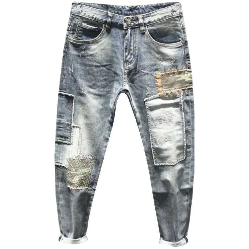 Fashionable mens jeans retro blue elastic slim fit patchwork torn jeans mens decal pocket hip-hop pants Y2K trousers X2410261