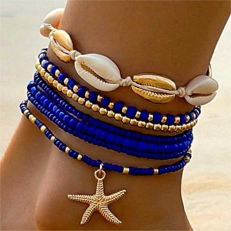 Cross-border New Bohemian Holiday Wind Shell Beaded Braided Womens Anklet Beach Wind Starfish Rice Beads Seven-piece Set 2024 Y240920