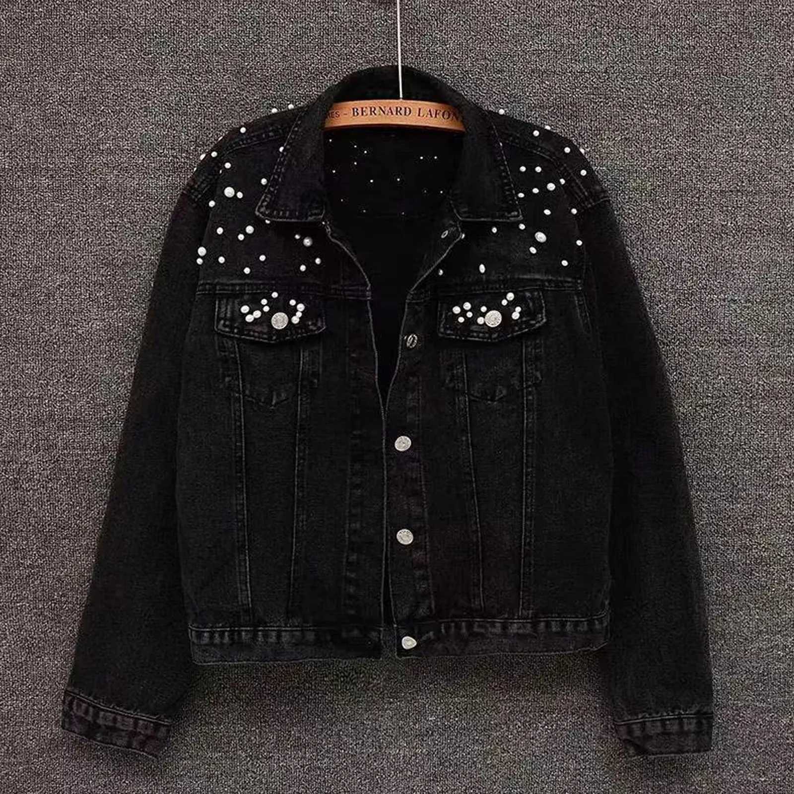 Womens Pearl Beaded Cropped Denim Jacket Long Sleeve Button Down Short Jackets Casual Boyfriend Jean Jacket Y2k Streetwear M-3XLX240920