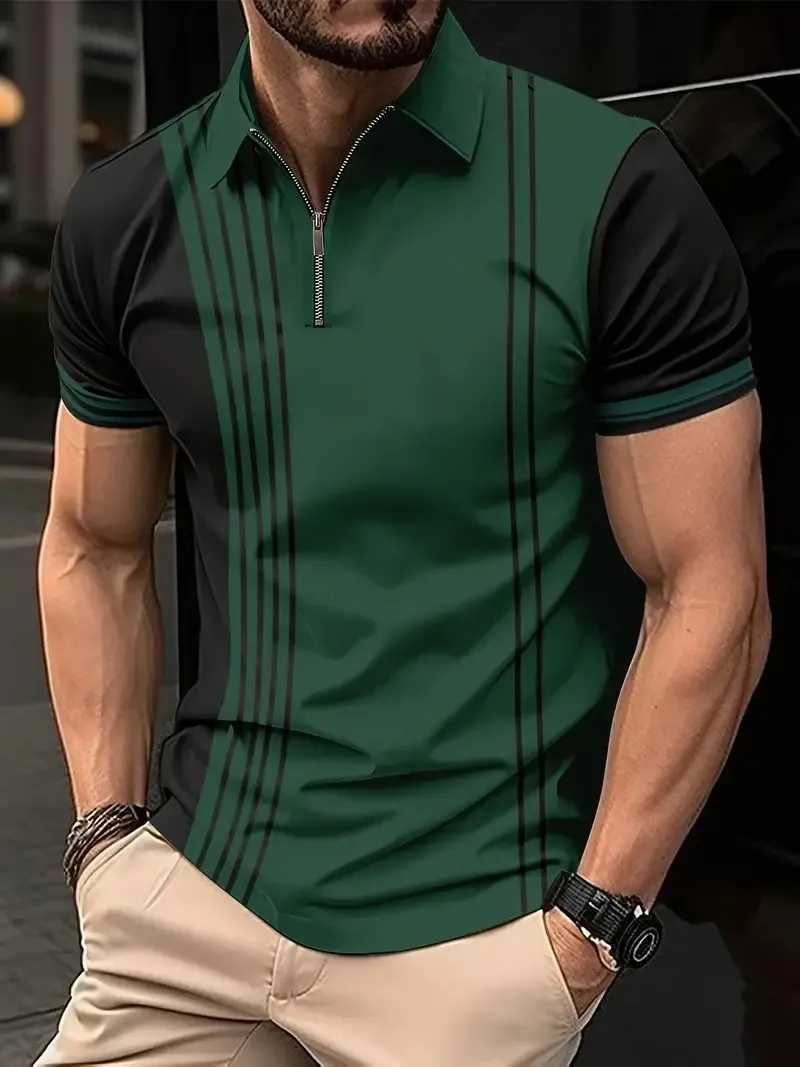 Mens Casual Fashion New Summer Slim Fit Short Sleeve 3D Printing Golf Polo Shirt Stripe Button Mens Short Sleeve Oversized TopX240920
