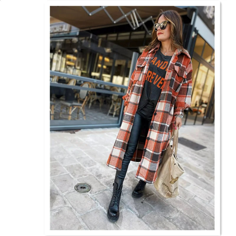 Autumn Plaid Shirt Woolen Womens Fashion Long Streetwear Women Clothing England Style Loose Coat Female Jacket 240912