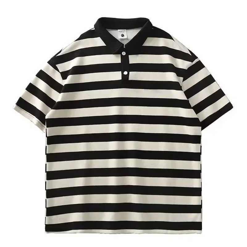 Summer Hong Kong Style Striped Short Sleeve Polo Shirt Mens New Heavy Duty Lapelt Casual Half Sleeve Mens TopX240920