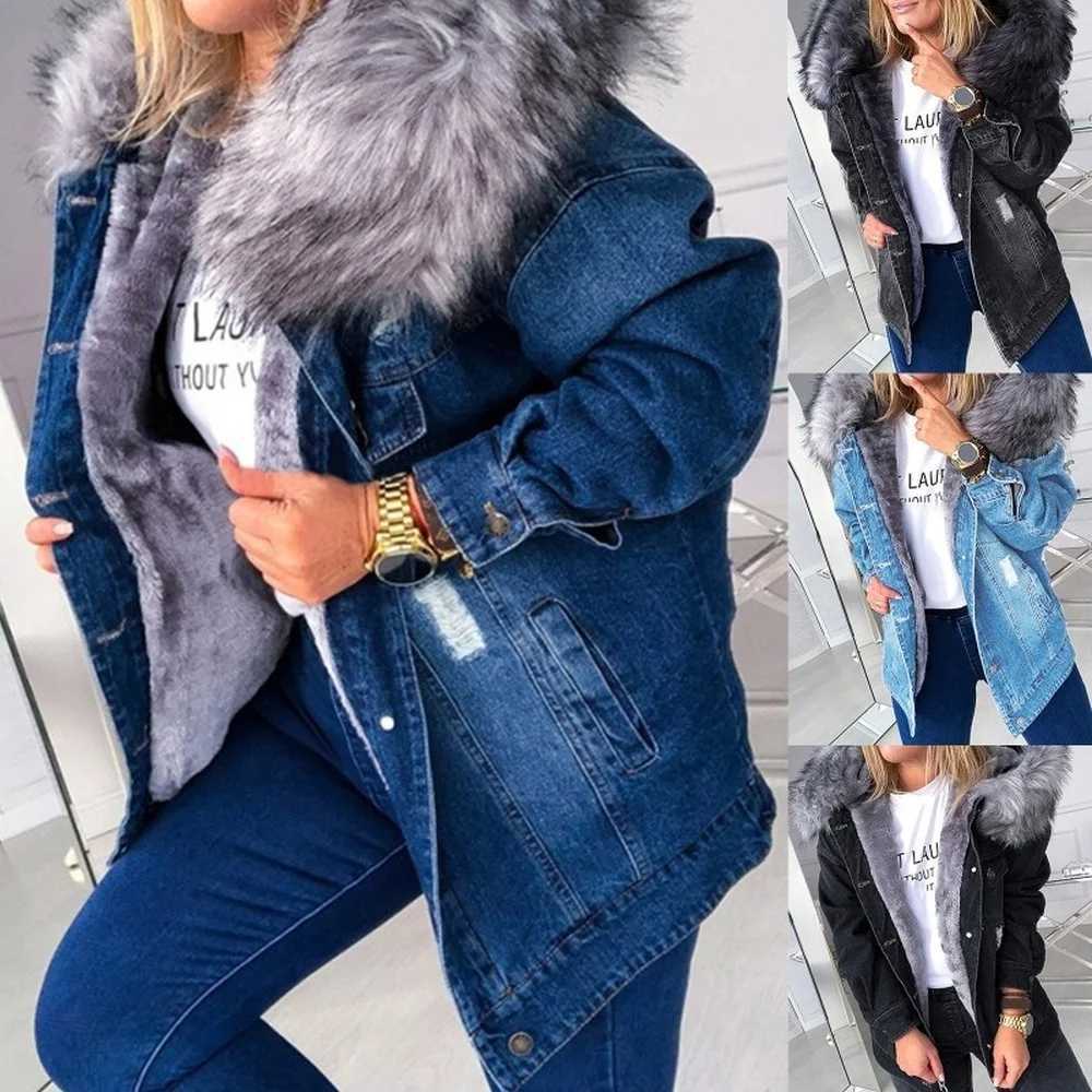 Womens winter warm fluffy collar hooded denim jacket with thick plush lining warm long sleeved jeans jacket button hem too large loose fit W240920