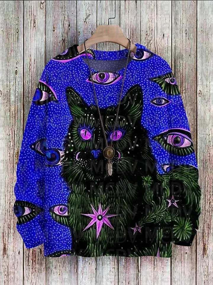 Halloween Black Cat Witch Art Printed Casual Sweatshirt Women For Men Sweater Y240920