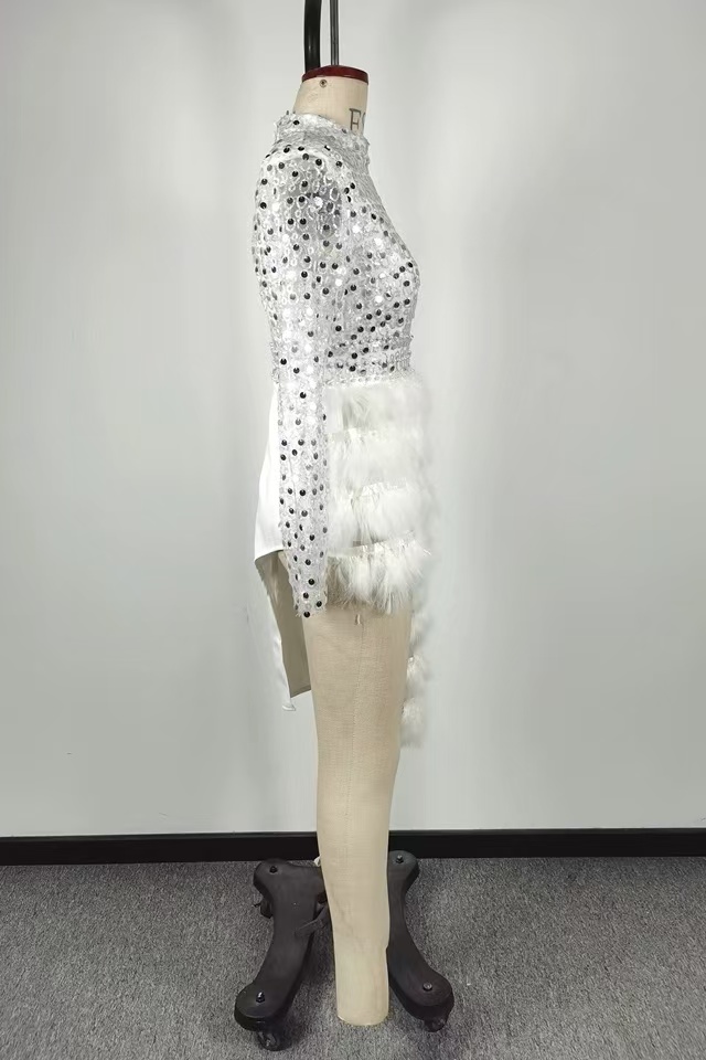 Casual Dresses Women Dress Sparkly Silver Sequins Feather Gold Round Neck Nude Banquet White Slit Short