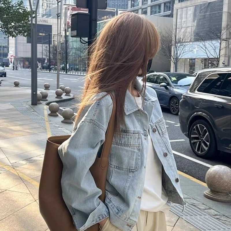 New Ins Korean Wash Cotton Retro Denim Jacket Womens Spring and Autumn Thin Korean Version Loose Short Long Sleeve ShirtX240920