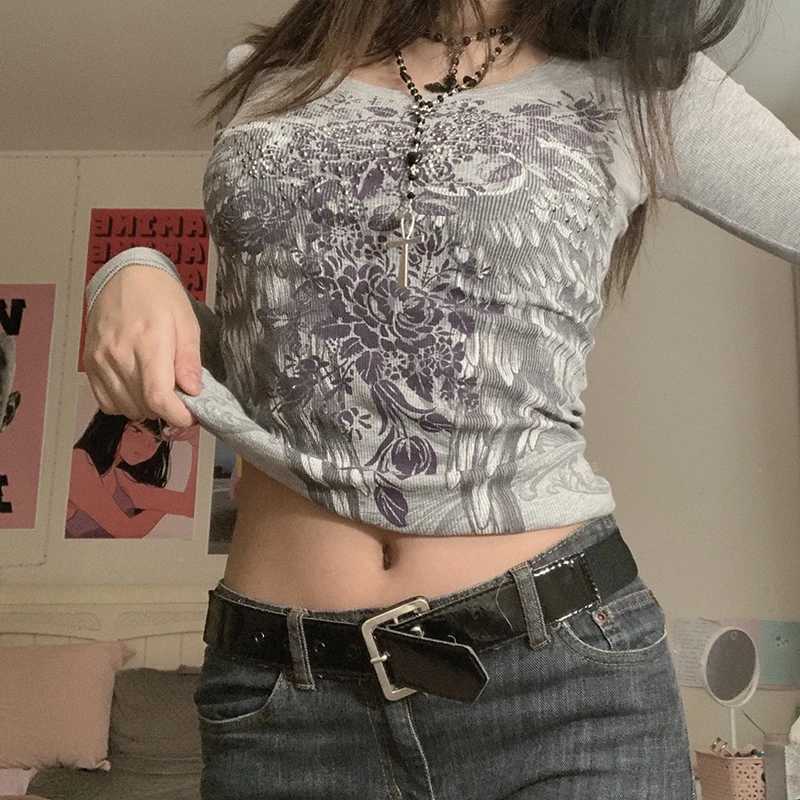 Womens Streetwear Long Sleeve T-shirt Vintage Feather Wing Flower Printed Round Neck Tops Spring Autumn Slim Fit Basic Tops M240920