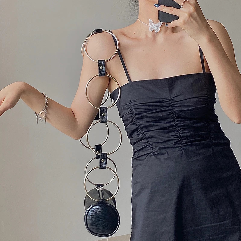 Personalized Womens Bucket Bag Fashion n Metal Ring Shoulder PU Leather Cool Girl Black Wrist Messenger 240919