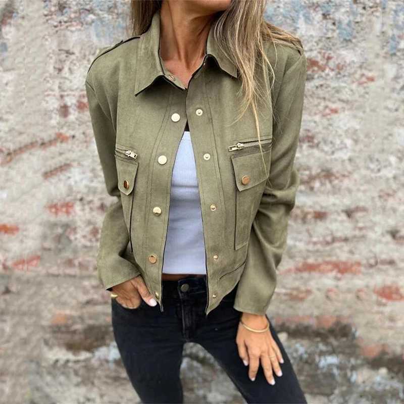 Elegant Metal Zipper Button Short Coats Fashion Lapel Collar Solid Color Suede Jacket Women Casual Long Sleeve Pocket OuterwearX240920