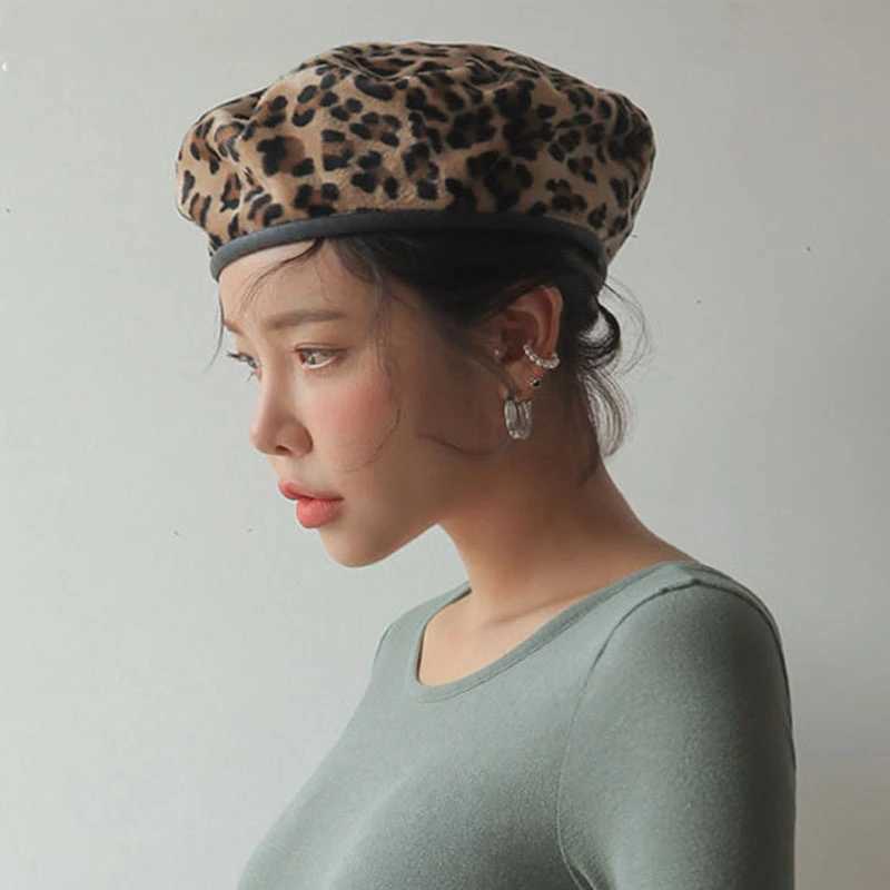 Leopard Beret Female Autumn Winter Hats For Women Vintage Painter Flat Cap Boina Feminina Fashion PU Leather Brim BeanieX240919