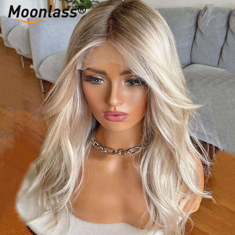 13x6 Ash Blonde Ombre Human Wig 180 Density Body Wave Brazilian Remy Hair Front Preplucked Transparent Lace Wigs