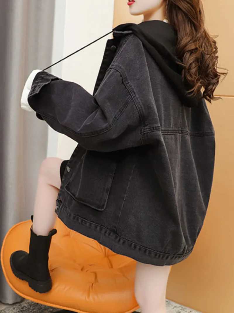 Streetwear Black Denim Jackets Women Korean Fashion Patchwork Hooded Spring Jacket Casual Chaquetas Veste Jeans FemmeX240920