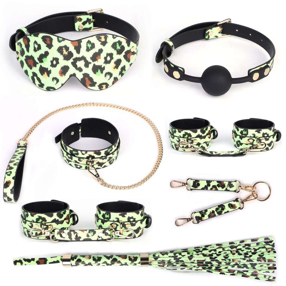 Cross border exclusive SM sex props luminous seven piece set zebra print sex handcuffs leopard print leather whips adult products