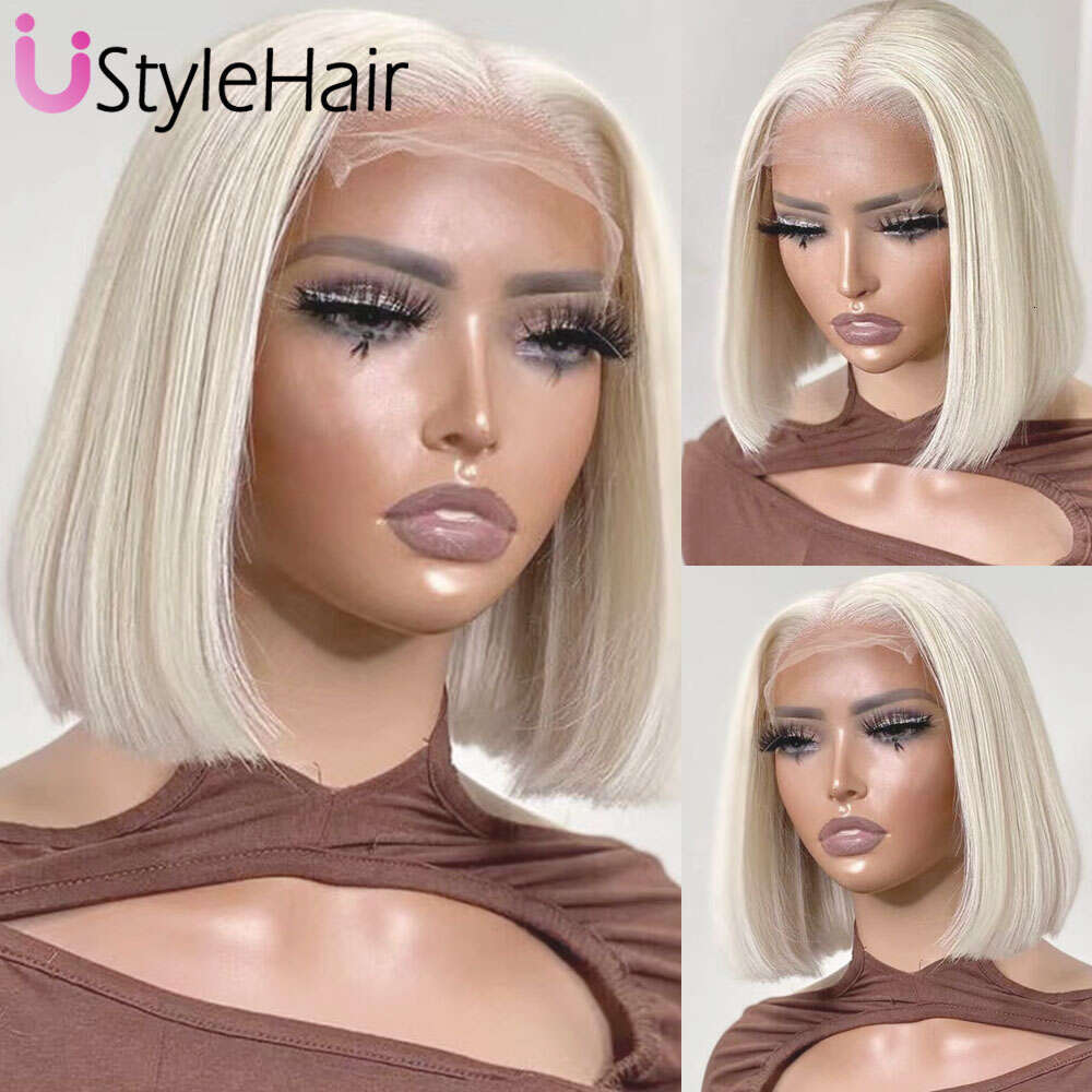 Ustylehair Platinum Blonde Bob Lace Short Straight Front Wig Heat Resistant Synthetic Hair Daily Used