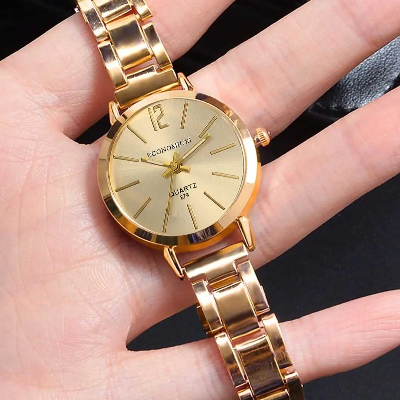 2pcs Set Watch Luxury Women Simple Dial Hollow Strap Fashion Gold Bracelet Quartz Wristwatch Student Ladies Watches Reloj MujerX240920
