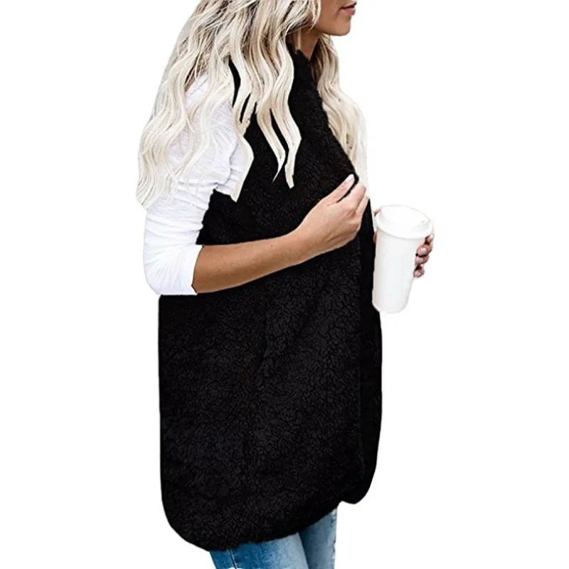 Large Women's Fashion Solid Sleeveless Hooded Pocket with Vest Fur Autumn and Winter Season