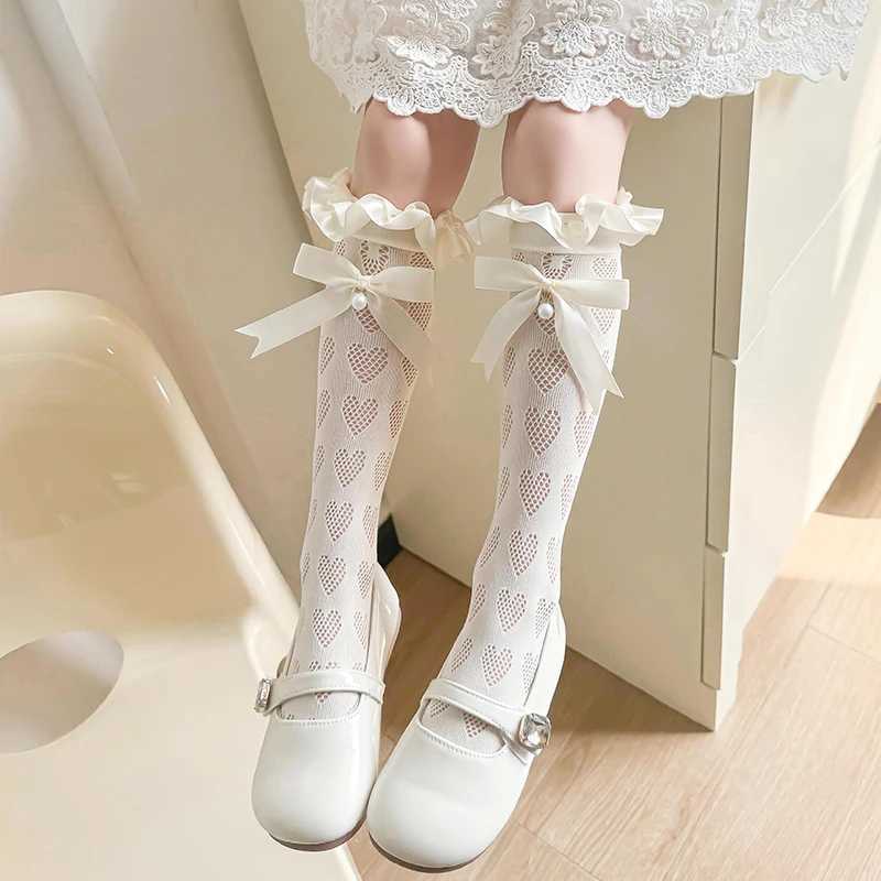Kids Socks Baby Kids Big pendant pearl Long Lolita Sock Hollow mesh heart Over The Knee High Sock Ribbon bow Princess Girl Kawaii Stockings Q240920