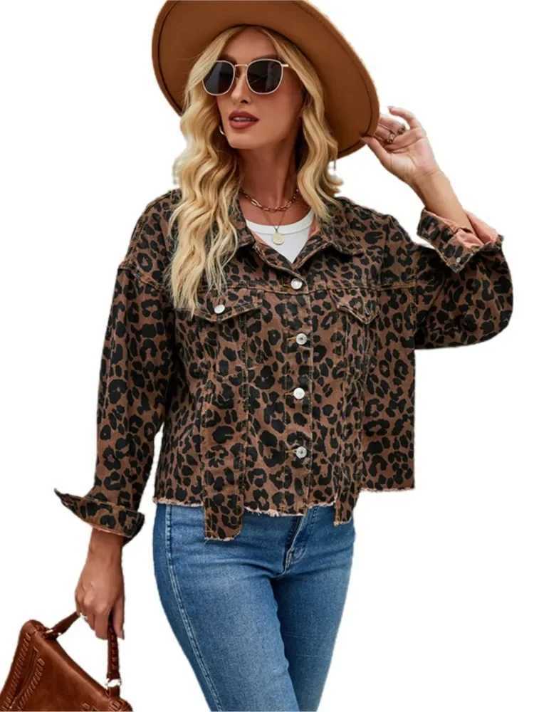 Denim Autumn Leopard Print Jackets Coats Women Casual Fashion Irregular Ladies Cropped Jackets Long Sleeve Loose Woman Coat 2023X240920