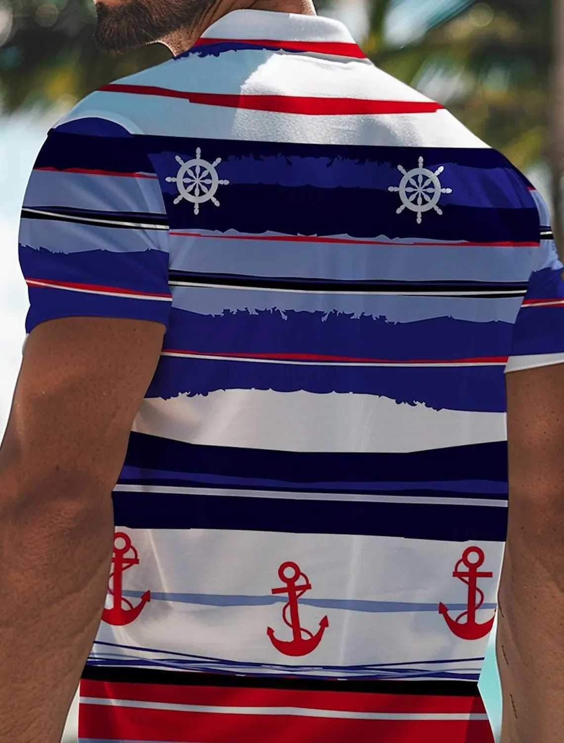 Striped Anchor Mens Casual 3D Polo Shirt Street Polyester Short Sleeve Turndown Polo Shirts Summer Micro-elastic Lapel PoloXJ240920