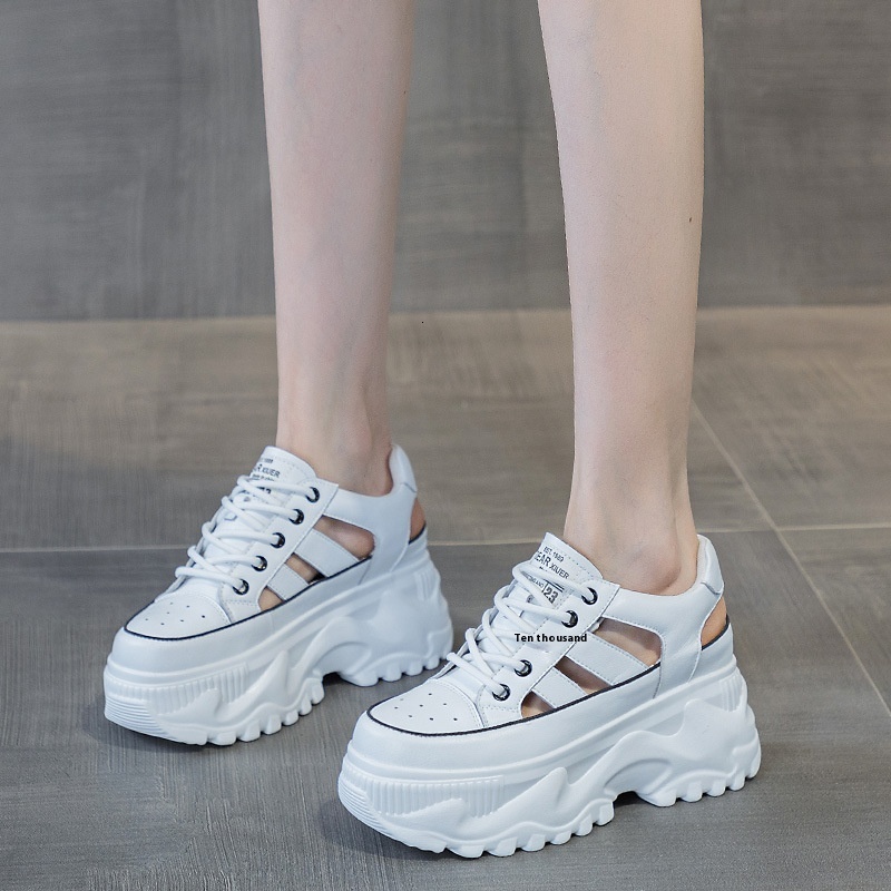 Summer New Fashion Casual Sandals Hole with Elevated Inner Height Women's 8CM Thick Sole Hollow Breathable Small White Shoes