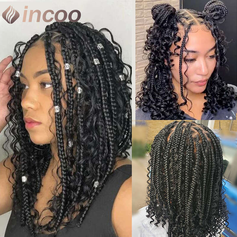 12 Inch Short Bob Braids Goddess Boho Knotless Braid Transparent 360 Full Lace Curly Synthetic Wig Pre-Plucked Baby Hair