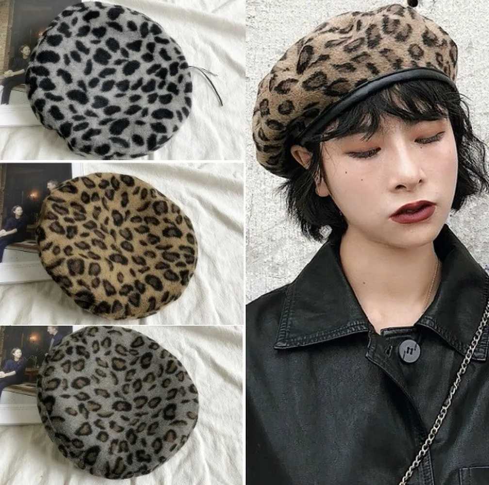 Leopard Berets Warm Winter Women Beret Braided Knit Hook Hat Ski Cap Fashion Women Hats AccessoriesX240919