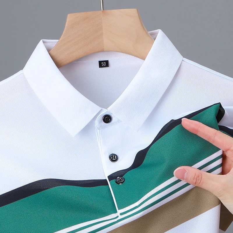 Luxury high-end ice silk breathable short-sleeved POLO shirt Mens 2023 summer fashion contrast stripe lapel T-shirt casual menX240920