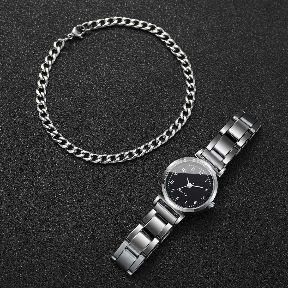 2PC/Set Womens Silver Steel Band Watch Small Head Stainless Steel Quartz Watch With Bracelet SetX240920