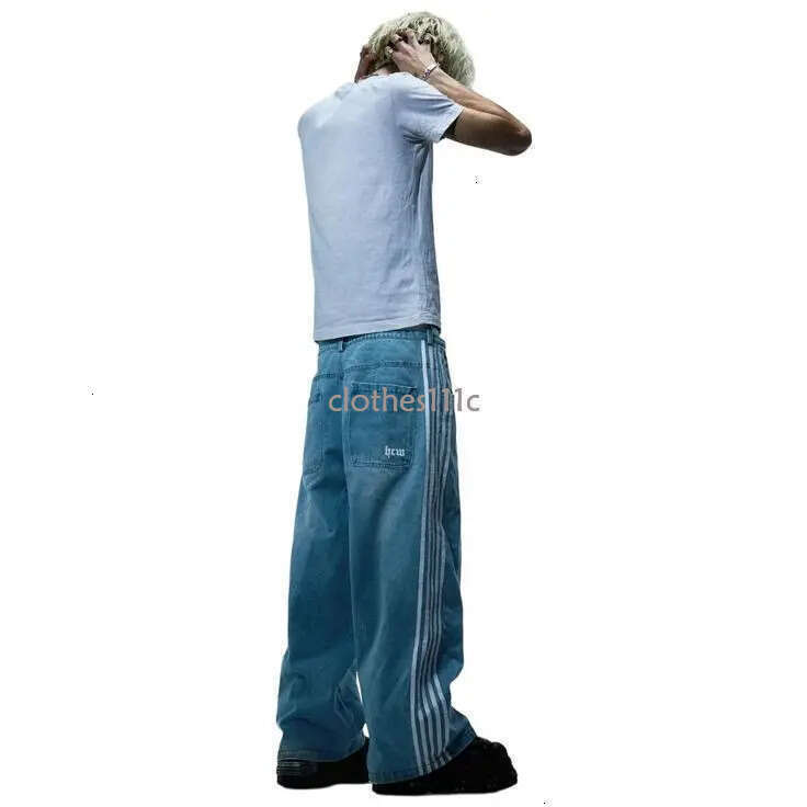 Distressed Striped Loose Blue Jeans 2024 Korean Version Y2k High Waist Fashion Casual Straight Pants Classic Simple Trousers